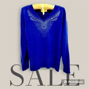 Vintage cobalt blue cashmere sweater with rhinestones